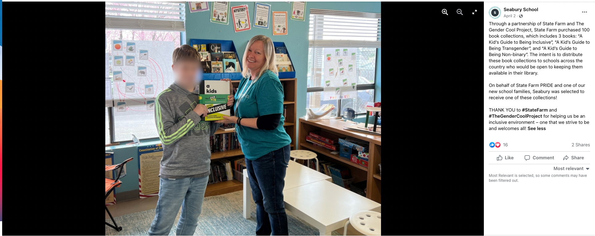 Seabury School published a Facebook post touting the book donation by State Farm.